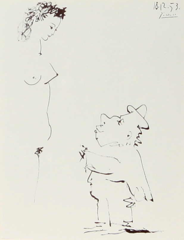 Pablo Picasso 1950-1968 - Woman and Dwarf Clown, 1953, Wash Drawing - פבלו פיקסו - ספרי אמנות