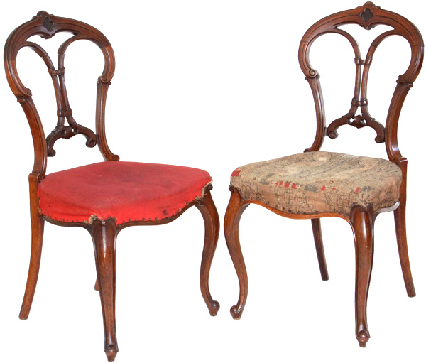 2 Antique Victorian Balloon Back Chairs - Carved and Upholstered - Click to Zoom