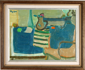 Samuel (Shmuel) Tepler - Oil on Canvas - Interior: Still Life - דומם על שולחן כחול - שמואל טפלר - שמן על בד - Click for Detailed Info