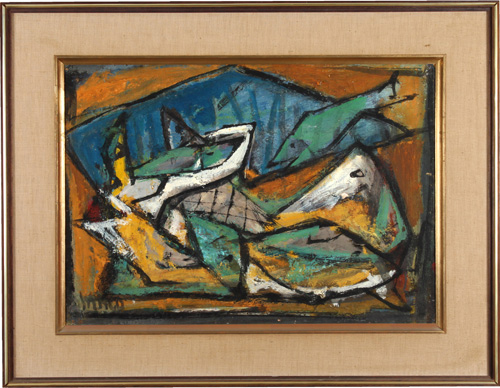Marcel Janco - Oil Painting - Fish Dish - מרסל ינקו - ציור שמן - צלחת דגים - Click to Zoom