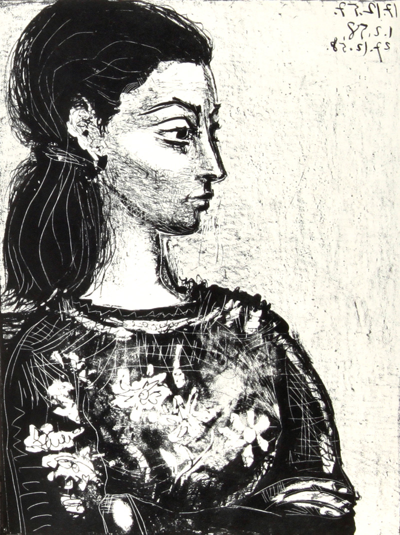 Picasso Graphic Work - Portrait of Jacqueline Roque by Pablo Picasso - דיוקן ז'קלין רוק - פבלו פיקסו - הדפסים, תחריטים, ליטוגרפיות