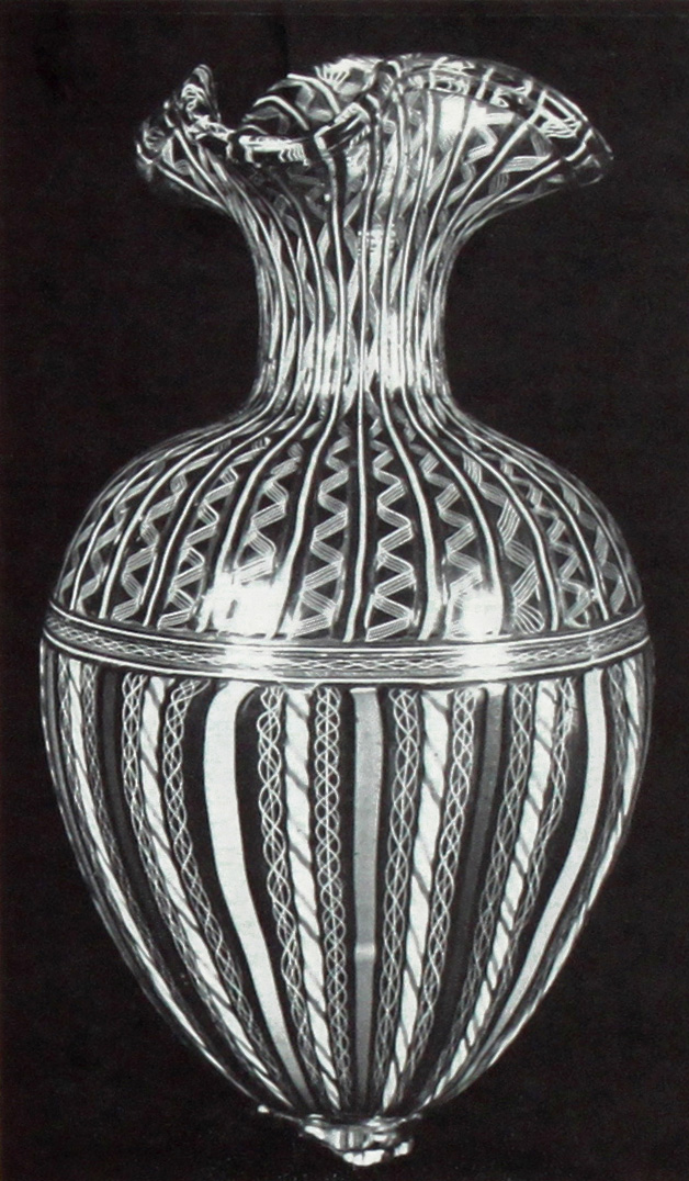 The CONNOISSEUR back issues - August 1976 - Ewer with a fine alternation of stripes made a retortoli in pure milky white - vetro a filigrana by Ada Polak