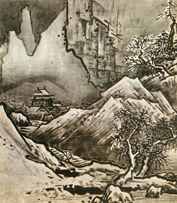 Shuto Sansuize (autumn - winter landscape), a two part Suiboku painting drawn by Sesshu  in the 15th century - Click to Zoom