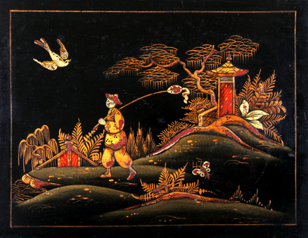 Antique Japanned Lacquer Painting - Japanning - ציור לקה שחורה מעוטר זהב - אנגלי עתיק - Click to Zoom