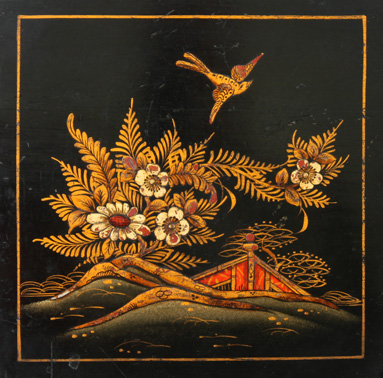 Antique Japanned Lacquer Painting - Japanning - ציור לקה שחורה מעוטר זהב - אנגלי עתיק - Click to Zoom