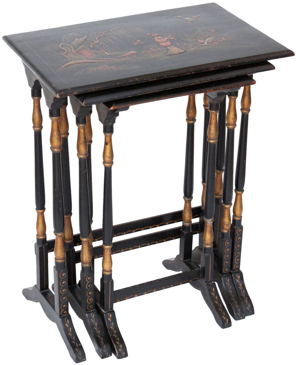 Antique English Nesting Tables with Japanned Lacquer Paintings - שולחנות מקוננים אנגלים עתיקים - Back To List of Antique Furniture