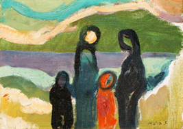 Aharon Giladi - אהרון גלעדי - Mothers and Kids in front of the Kinnereth - Oil on Canvas - Click for Detailed Info