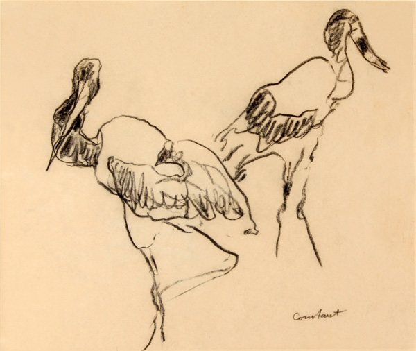 Joseph Constant - יוסף קונסטנט - רישום חיות - Two Storks - Charcoal Drawing - Click to Zoom