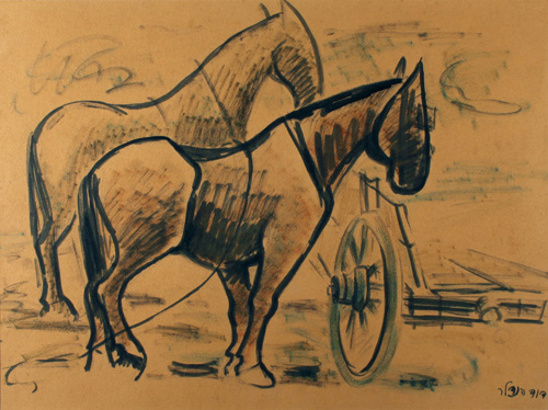 David Hendler - Horses and a Wagon - דוד הנדלר - אקוורל - Pencil drawing and watercolors - Click to Zoom