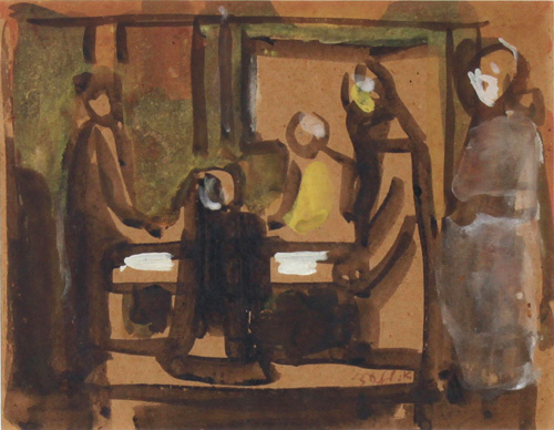 Aharon Giladi - תמונת גואש - אהרון גלעדי - שולחן האוכל - Family at the Dining Table - Gouache Painting - Click to Zoom