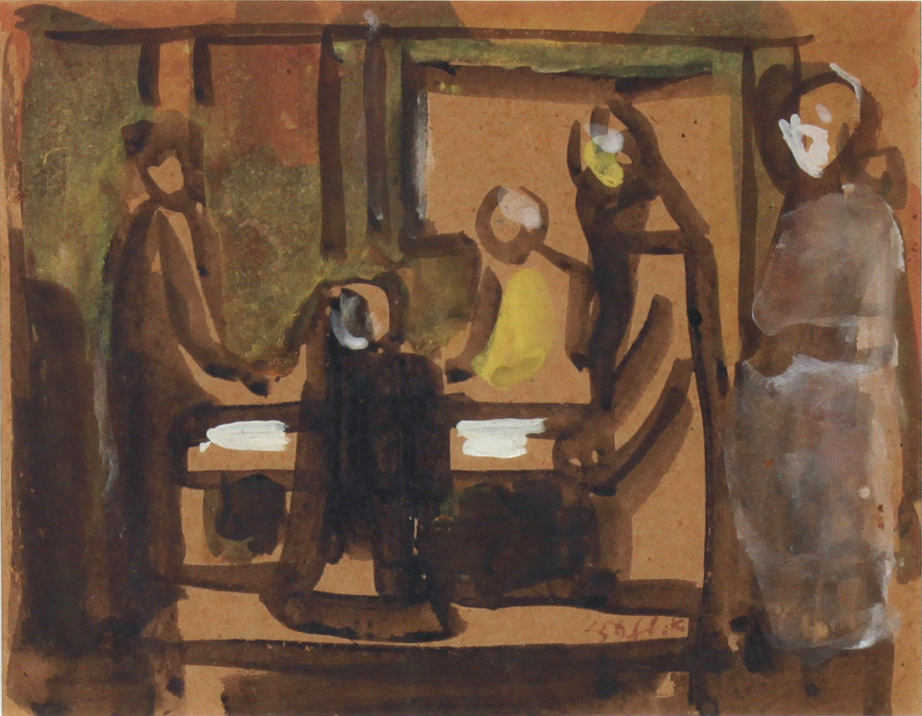 Aharon Giladi - Family at the Dining Table - Gouache Painting - תמונת גואש של אהרון גלעדי - שולחן האוכל - Back To List of Israeli Paintings