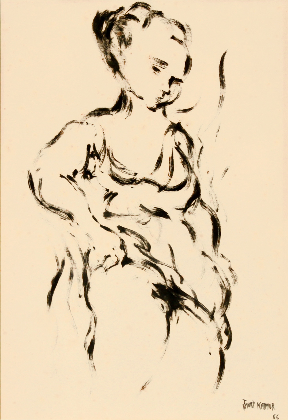 Jacques Katmor - Half Nude Woman - Ink Paint on Paper - ז'ק קתמור - עירום אשה - Back To List of Israeli Paintings and Sculptures