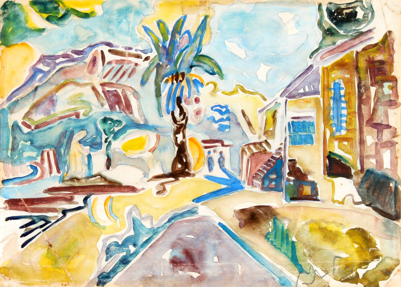 Mordechai Levanon - Aquarelle Painting - View of Safed - מרדכי לבנון - צבעי מים אקווארל - נוף צפת - Back To List of Original Paintings and Sculptures