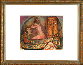 Avraham Naton (Natanson) - Gouache Painting - A Woman in front of a Mirror - אברהם נתון נתנזון - ציור גואש - אישה לפני הראי - Click for Detailed Info