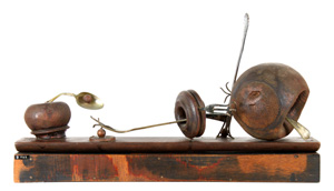 Michael Druks Assemblage: Wooden Objects with Forks - מיכאל דרוקס - פסל אסמבלאז' - אימומים מזלגות וכפית - Click for Detailed Info