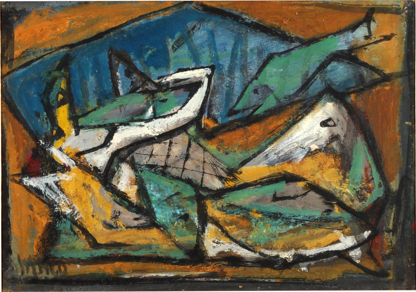 Marcel Janco - oil painting - Fish Dish - מרסל ינקו - שמן על קרטון - צלחת דגים - Back To List of Israeli Paintings