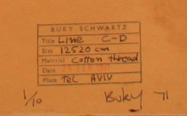 Buky Schwartz Signature on Assemblage Drawing - Cotton Thread - Line from C to D - 1971 - בוקי שוורץ - אסמבלאז