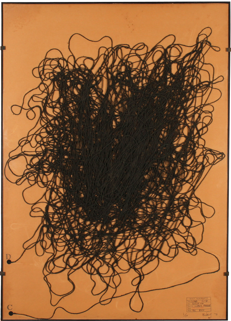 Buky Schwartz - Assemblage Drawing - Cotton Thread Line from C to D - בוקי שוורץ - אסמבלאז' - חוט כותנה שחור - קו בין שתי נקודות - Back To List of Israeli Paintings