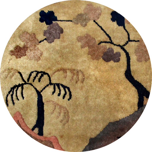Antique Chinese Peking Rug - Rounded Seat Cover - Classic landscape theme motif and unusual contrasting yet soft colors